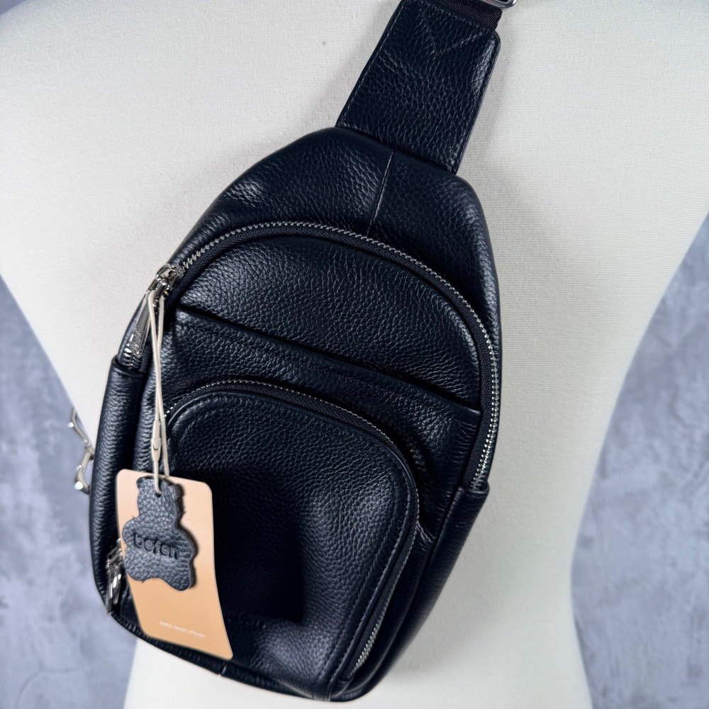 befen Black Pebbled Genuine Leather Sling Bag Crossbody Chest Pack NWT